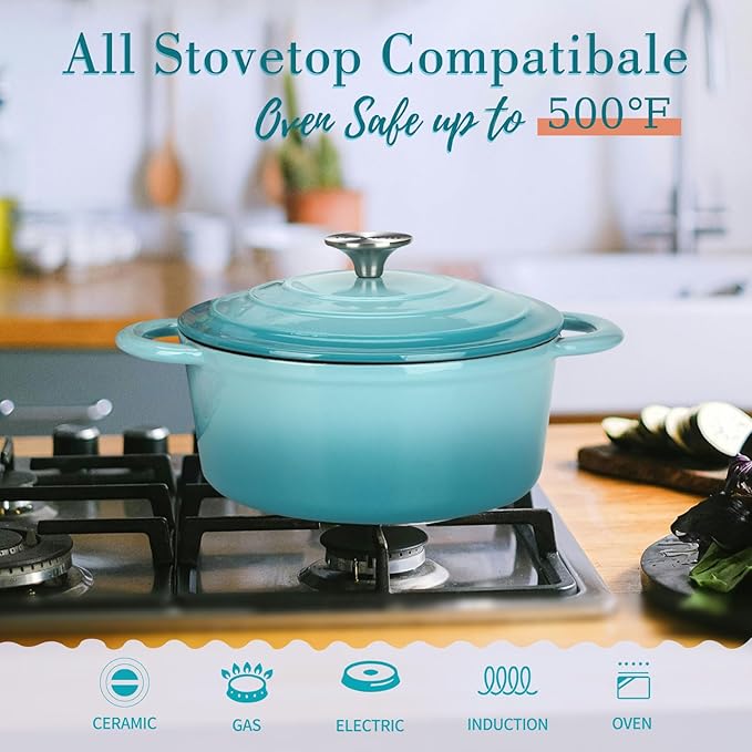 COOKWIN Enameled Cast Iron Dutch Oven, 5 QT Bread Baking Pot with Self Basting Lid, Non-stick Enamel Coated Cookware Pot, Great Christmas Gifts for Family, Teal