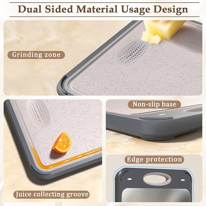 GUANCI Cutting Board for Kitchen Double Sided 304 Stainless Steel Chopping Board Food-Grade Stainless Steel and Wheat Straw PP Samll Size 14’’×9.6’’ Easy to Clean
