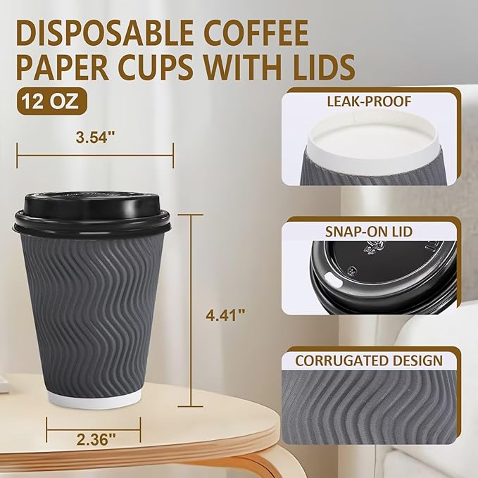 100 Pack 12 oz Disposable Coffee Cups with Lids, Insulated Ripple Wall To-Go Paper Coffee Cups Suitable for Chocolate Cocoa and Hot/Cold Drinks (Grey)