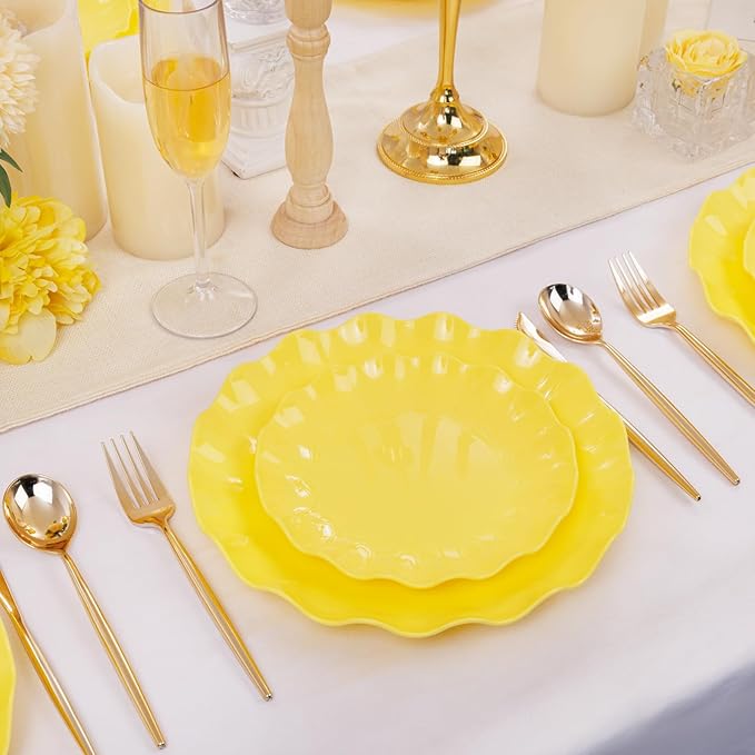 LIYH 24 Pcs Yellow Plastic Plates Reusable, Unbreakable Dinner Plates, Salad Plate, Microwave & Dishwasher Safe, Plate Sets Perfect for Parties,Birthday,Picnics (12guests)