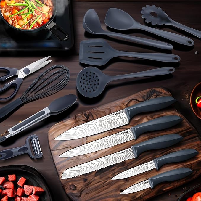 RAXCO Kitchen Set,7-Piece Cooking Utensils,5-Piece Kitchen Gadgets,6-Piece Knife set,Gray