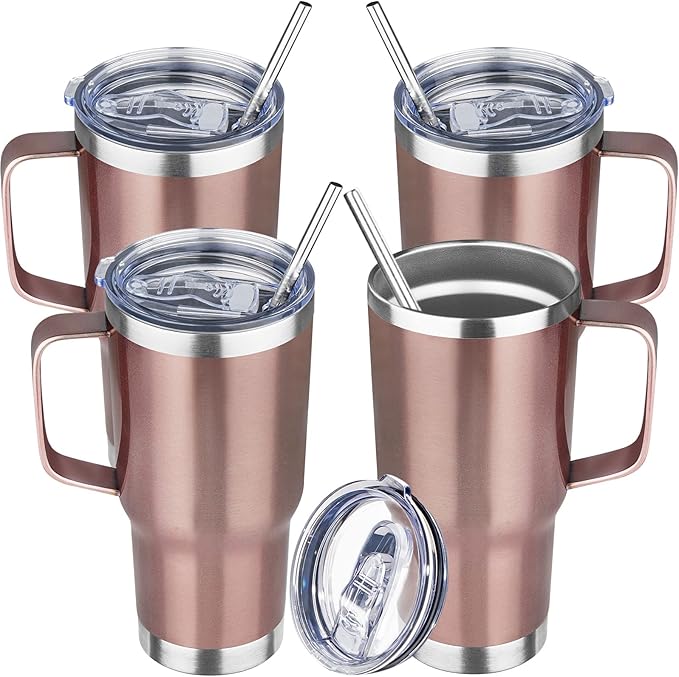 20 oz Tumbler with Handle Stainless Steel Insulated Coffee Tumbler with Lid and Straw Double Wall Vacuum Insulated Coffee Mug Leak Proof Travel Mug Tumbler for Hot and Cold Drink (Rose Gold,4pack)