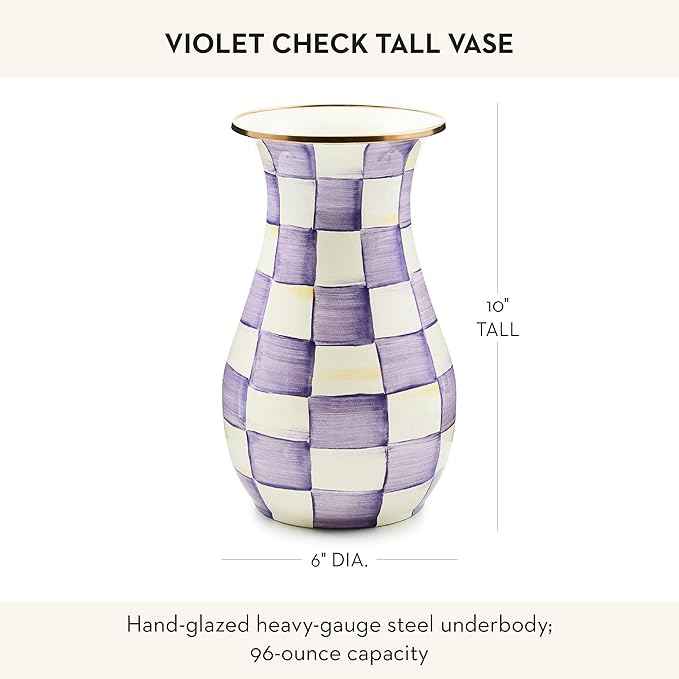 MACKENZIE-CHILDS Enamel Vase, Unique Flower-Vase Decor for Living Room, Tall, Purple-and-White Violet Check