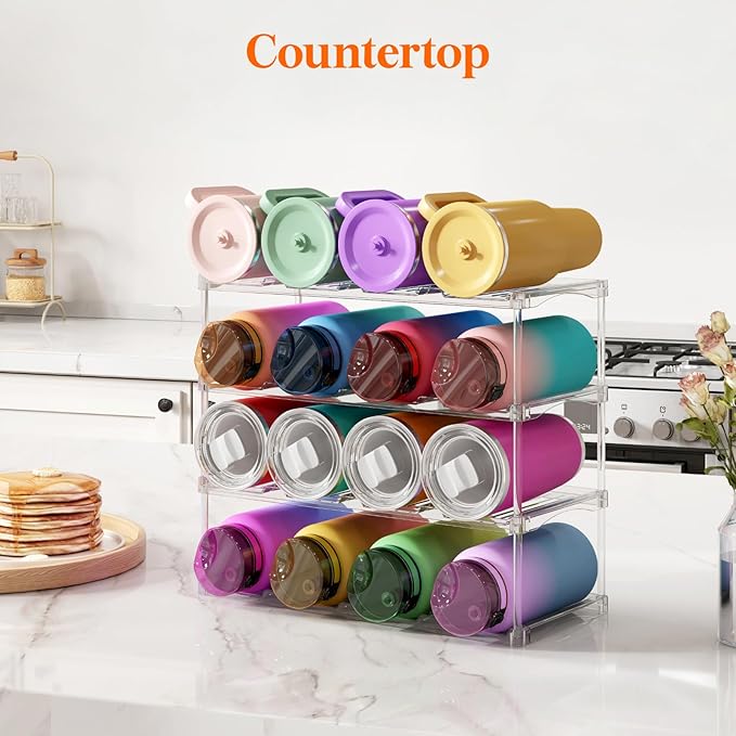 Lifewit Stackable Bottle Storage Organizer, Clear Freestanding Wine Holder for Cabinet, Large Slot Water Bottle Tumbler Organizer for Pantry, Plastic Wine Rack for Fridge Cellar, 4Tier Hold 16