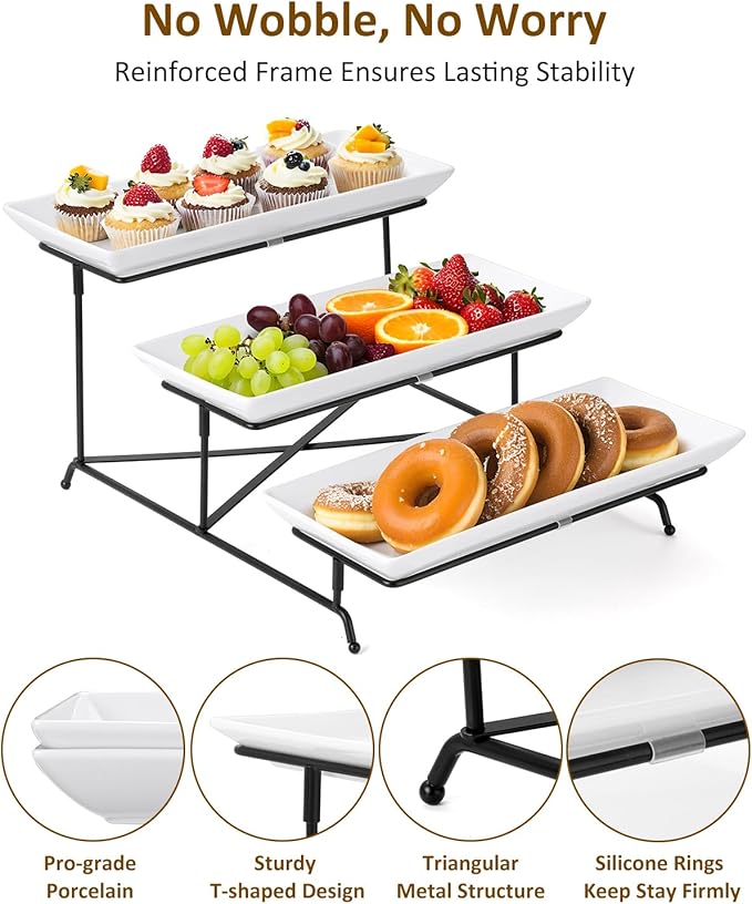 Yedio 3 Tier Serving Tray Set 14 Inch Porcelain Tiered Serving Trays Platters, Collapsible Sturdier Stand with Stable Cross Bars, Three Layer Serving for Party Entertaining Food Display Fruit Dessert