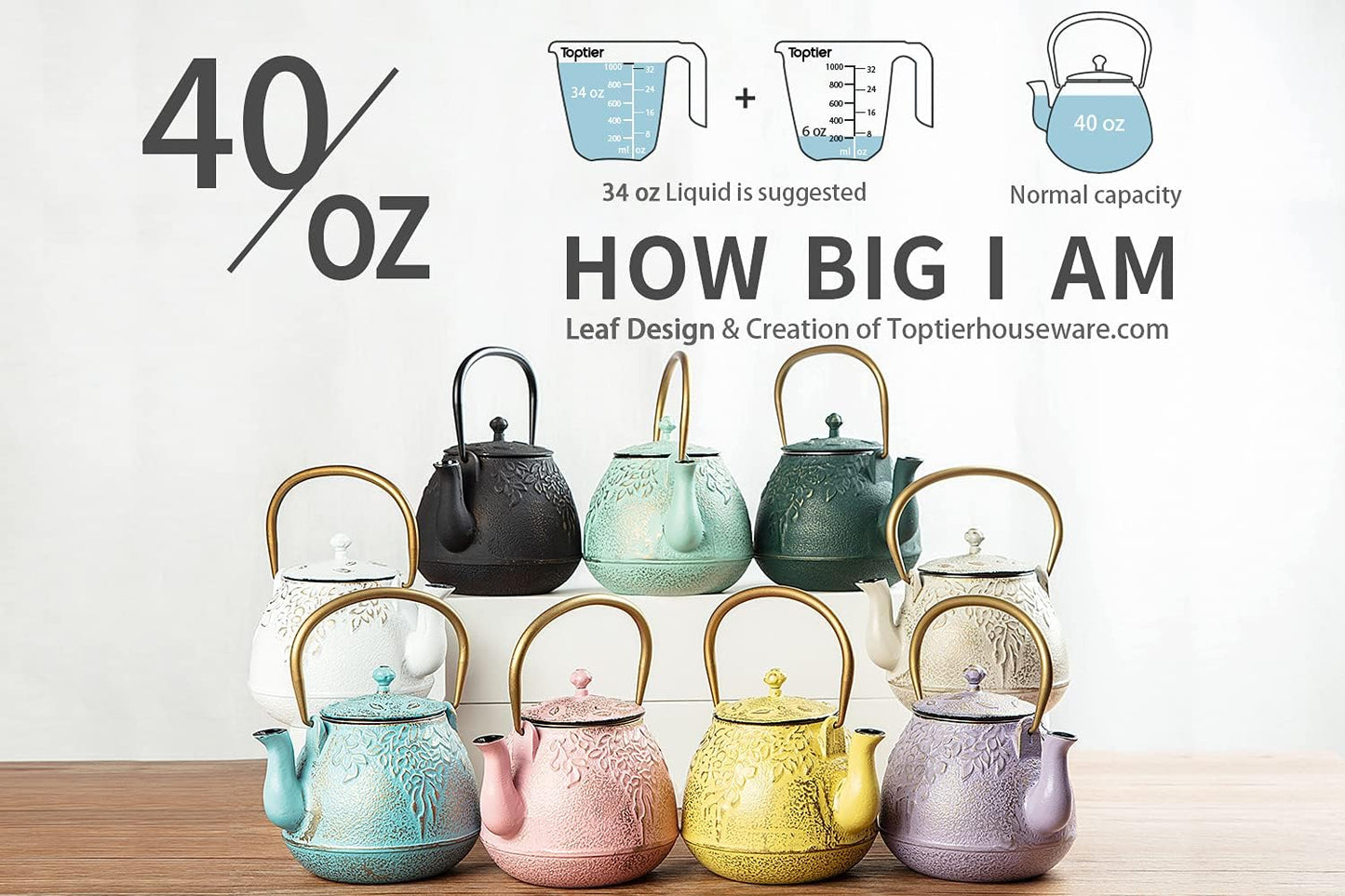 Tea Kettle, TOPTIER Japanese Cast Iron Teapot with Stainless Steel Infuser, Cast Iron Tea Kettle Stovetop Safe, Leaf Design Teapot Coated with Enameled Interior for 40 Ounce (1200 ml), Purple
