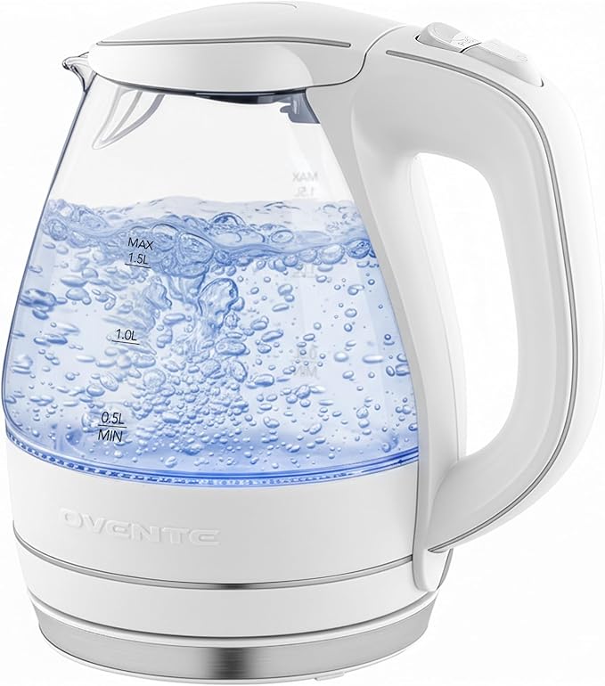 OVENTE Electric Kettle, 1.5L Borosilicate Glass Countertop Water Heater and Boiler for Coffee or Tea, BPA-Free, Auto Shut-Off, Boil-Dry Protection, Removable and Washable Spout Filter, White KG83W