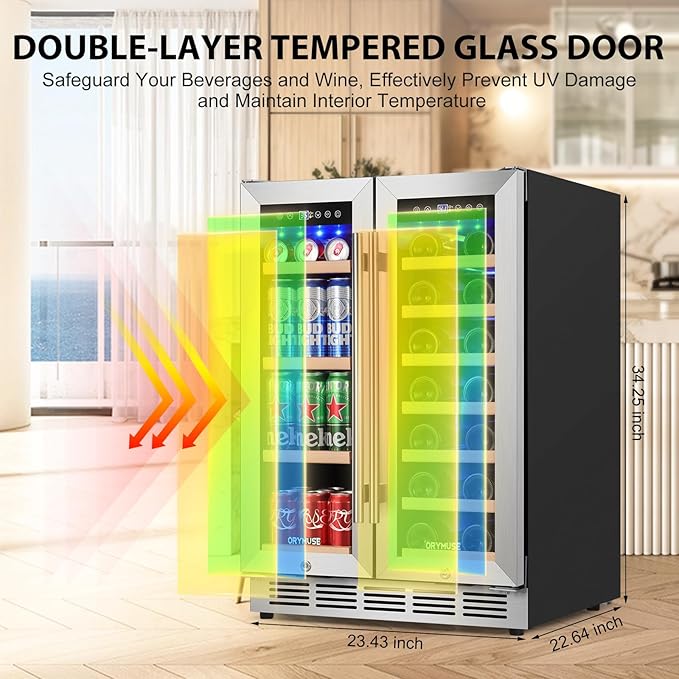 ORYMUSE 24 Inch Dual Zone Wine and Beverage Refrigerator, Built-in or Freestanding Cooler with French Doors, Under Counter Drink Fridge with Upgraded Compressor for Beer, Wine, and Soda