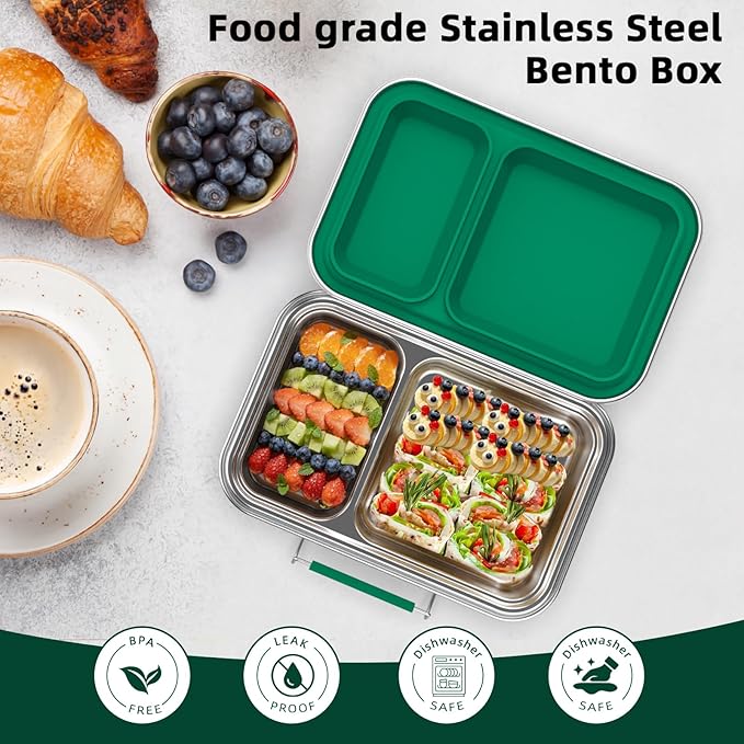 Stainless Steel Bento Box for Adults, 22.6 oz Compact 2-Compartment Metal Lunch Box with 2 Containers, BPA-Free Portion Control Food Container for Work and Travel, Dishwasher Safe(Green)