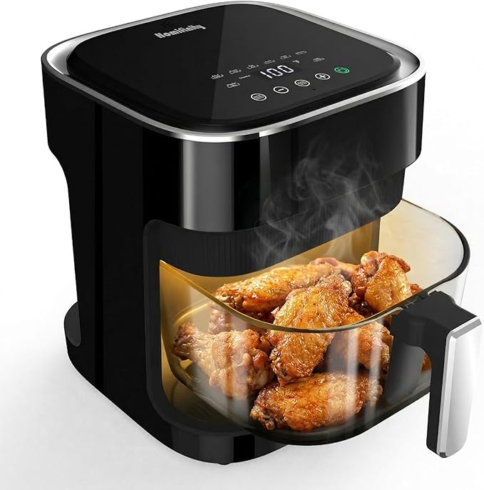Glass Air Fryer 4.5 Qt, Non-Toxic Borosilicate Glass Basket with 360° View, Upgraded Food-Grade Stainless Steel Tray, 8-in-1 One-Touch Presets, Teflon-Free & Dishwasher Safe, Black