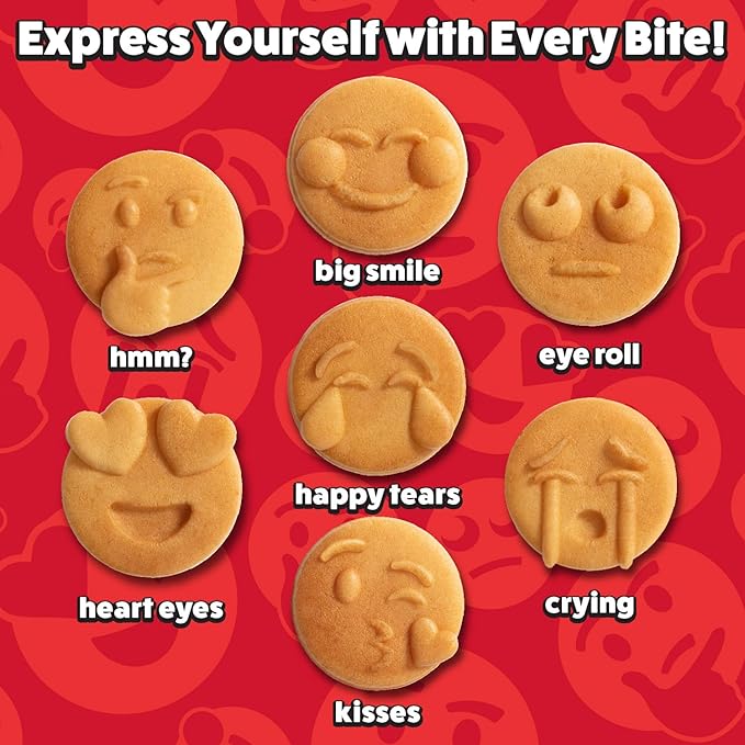 Mini Emojis Waffle Maker for Mother's Day Breakfast- Make 7 Unique Smiley Face Waffles Pancakes for Kids- Electric Non-Stick Iron Feat Kiss Face Heart Eyes & Smile w Recipe Guide- Licensed by Emoji