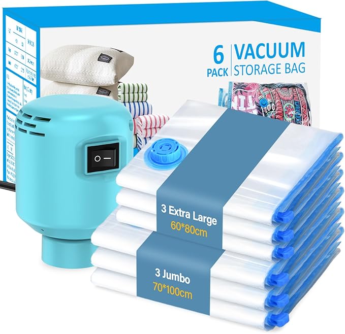 Vacuum Storage Bags with Electric Air Pump, 6 Pack (3 Jumbo, 3 Large) Fast Deflating Double Zip Seal Space Saver Bag for Clothes, Mattress, Blanket, Duvets