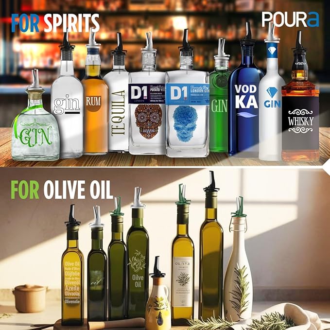 3-in-1 Liquor Pour spout with Built-in Fruit Fly Protection - Dishwasher Safe Hygienic Alcohol Speed Spouts - Also for Olive Oil, Juice, Syrup. Black 12 Pack with 2 Adapters for Large Neck Bottles