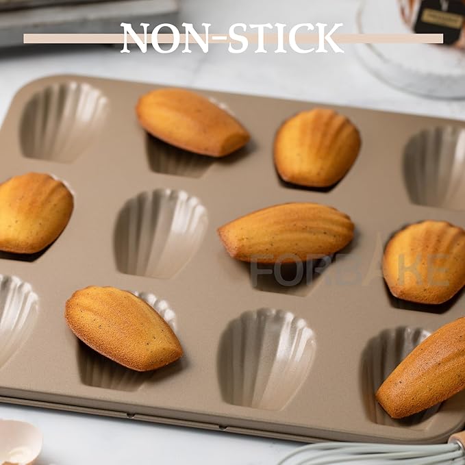 2-Pack Madeleine Pan — 12-Cavity French Shell Cake Mold, Non-Stick Golden Carbon Steel Baking Pan for Classic Madeleines, Tea Cakes & Cookies