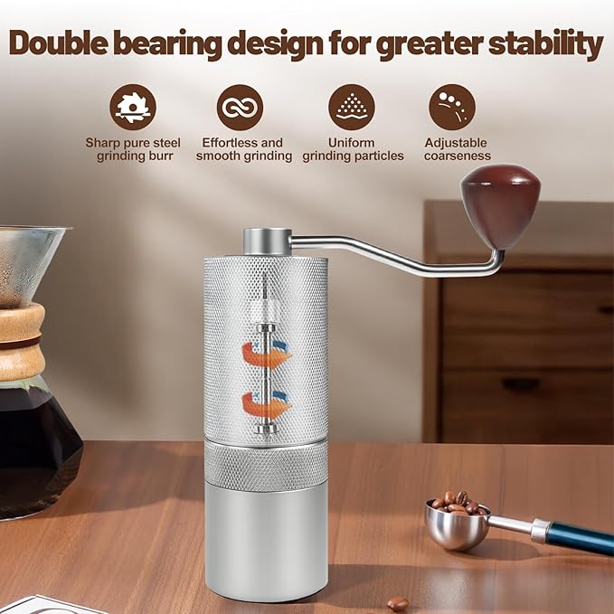 Manual Coffee Grinder Gift Box Detachable Stainless Steel Conical Burr Aluminum Coffee Bean Grinder with 25 Grinding Settings Cleaning Brush Grindable Espresso Moka Pot for Camping Silver