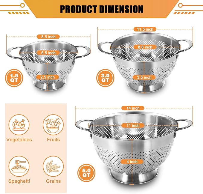 Stainless Steel Colander Set of 3 (1.5-3-5Quart) | Durable Rice and Pasta Strainer with Handle | Oversized Handles | Nesting Design | Rust-Resistant & Dishwasher Safe