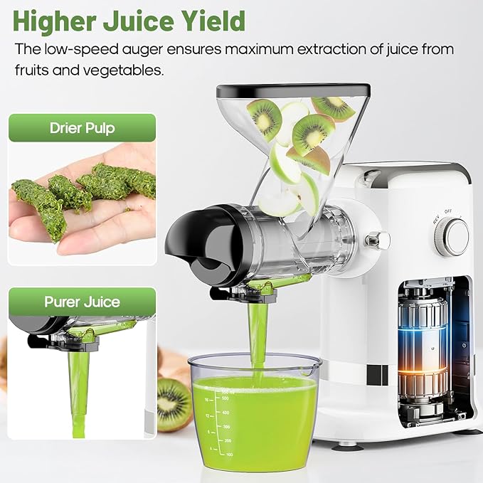 GVODE Cold Press Juicer, Powerful Masticating Juicer with Dual Feed Chute, Electric Juicer with Pulp Separation, Countertop Juicer Machines, 75dB, 3 Mode Operations, Overheat Protection