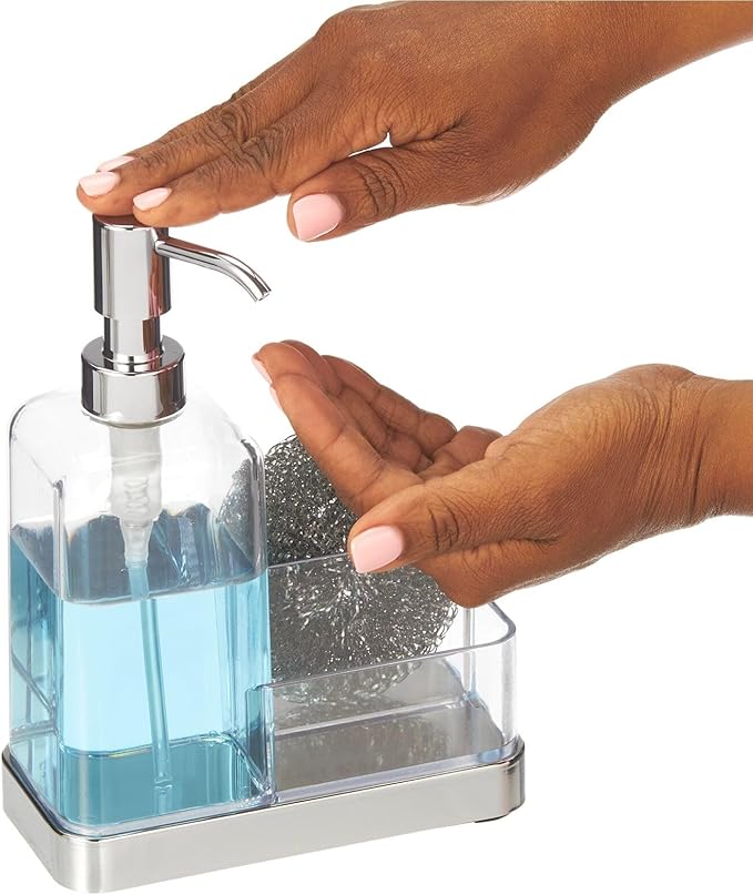 mDesign Plastic Kitchen Sink Countertop Hand Soap Dispenser Pump Bottle Caddy Organizer Holder with Storage for Bathroom - Holds Dish Sponge and Brushes - Omni Collection - Clear/Chrome