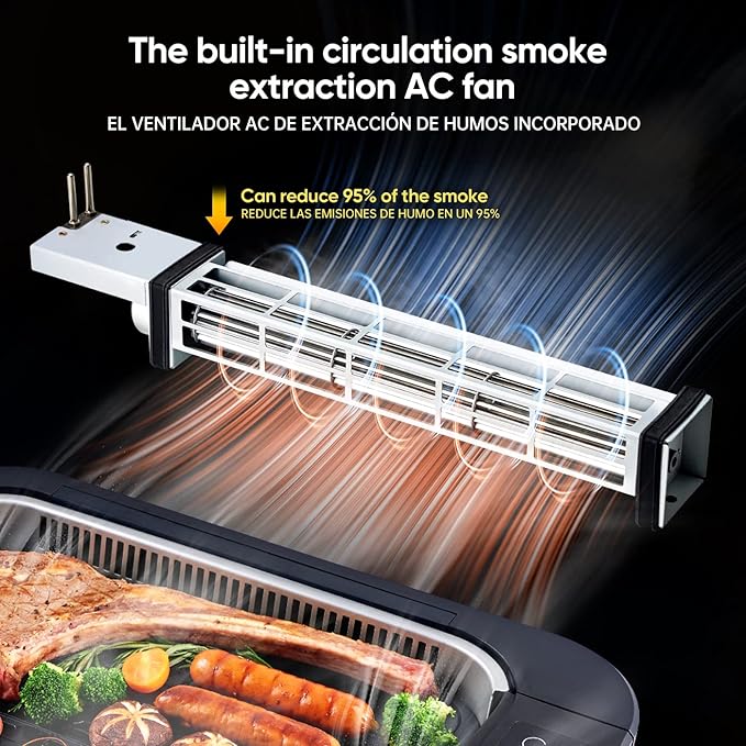 X&E Smokeless Indoor Grill, 1500W Non-Stick Removable Grill Rack & Pan, Adjustable Temperature up to 450°F, Fast Heat Up, Dishwasher Safe, Ideal for Steaks, Burgers, Fish & Veggies, Serves 5 People