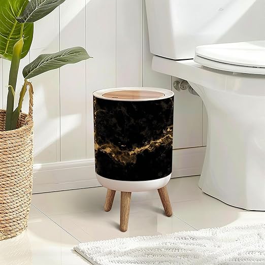 Trash Can with Lid Marble black wall surface gold graphic abstract light elegant black Press Top Round Small Garbage Bin with Wooden Legs Waste Basket for Kitchen Bedroom Nursery 7L/1.8 Gallon