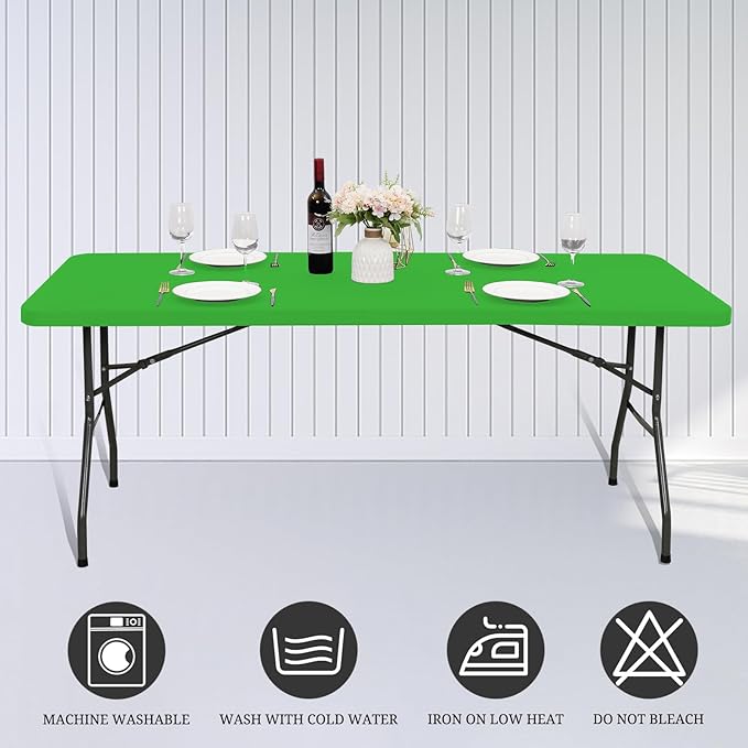 6 Pack Fitted Tablecloth for 6 Foot Rectangle Tables, Green Elastic Outdoor Picnic Table Cover, Washable Stretch Folding Table Cloths 6 ft for Camping Party Patio Kitchen Banquet, 30" W x 72" L