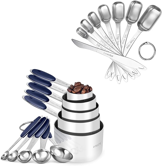 U-Taste 18/8 Stainless Steel Measuring Cups and Spoons Set of 10, and 18/8 Stainless Steel Square Measuring Spoons Set of 8 (Midnight Blue+Silver)