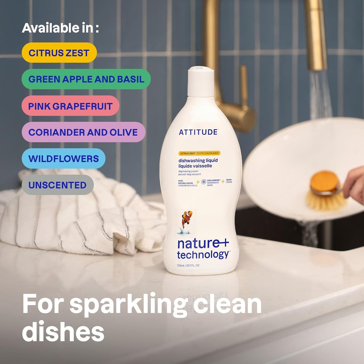 ATTITUDE Dish Soap, EWG Verified, Plant-Based & Vegan Dishwashing Liquid, Naturally Derived, Olive and Coriander Scent, 23.7 Fl Oz
