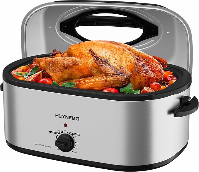 28Qt Electric Roaster Oven, with Self-Basting Lid, Removable Pan, Cool-Touch Handles, 1450W Stainless Steel Turkey Roaster Oven, Silver