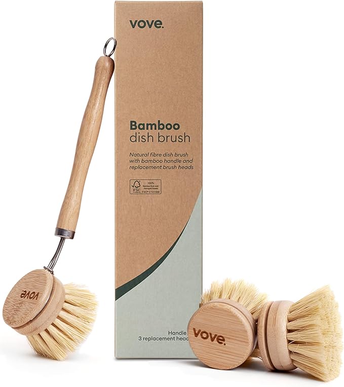 Vove Bamboo Dish Brush, FSC-Certified - Includes 3 Replacement Heads - Natural Fiber Bristles - Non-Toxic, Plastic-Free - Scrub Brush for Pots, Pans & Dishes