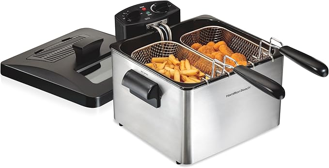 Hamilton Beach Electric Deep Fryer with 2 Baskets and Lid, 4.5 Liters / 19 Cups Oil Capacity, Temperature Control, View Window, Professional Style, 1800 Watts, Stainless Steel (35036)