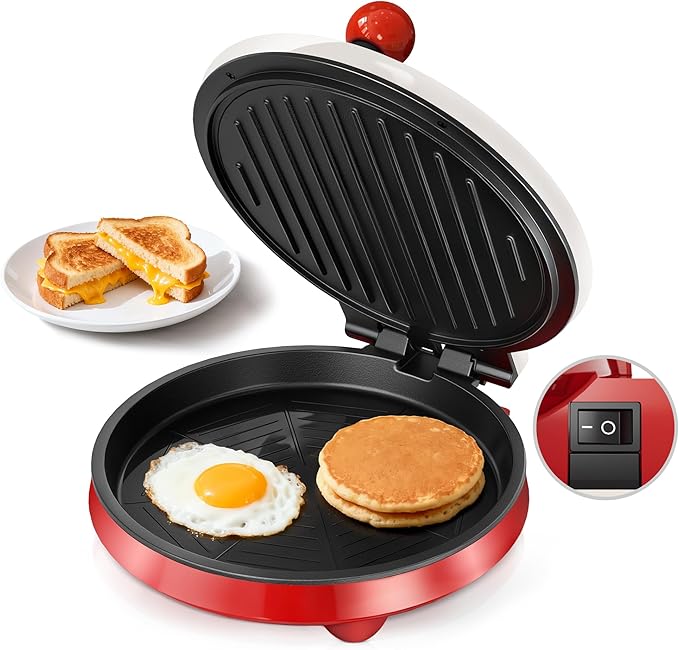 3-in-1 Electric Griddle & Panini Press - CACHOO 8" Nonstick Round Griddle and Sandwich Press with On/Off Switch, 180° Open Design, Perfect for Pancakes, Omelettes, Quesadillas, Veggies (Red/Beige)