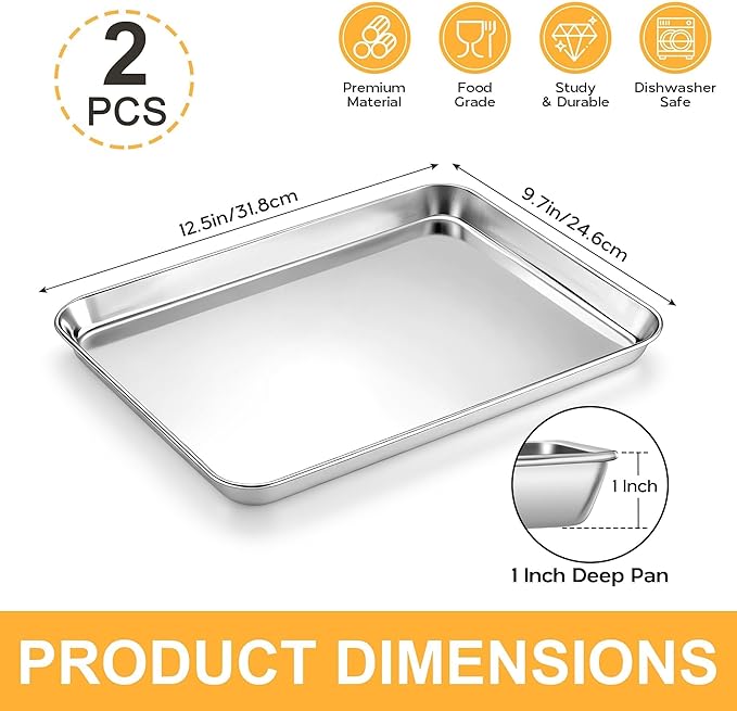 Onader Baking Sheet Set of 2, 12.5" x 9.7" Food-Grade Stainless Steel Quarter Sheet Pans for Baking, Metal Cookie Toaster Oven Pan Tray, Heavy Duty & Dishwasher Safe