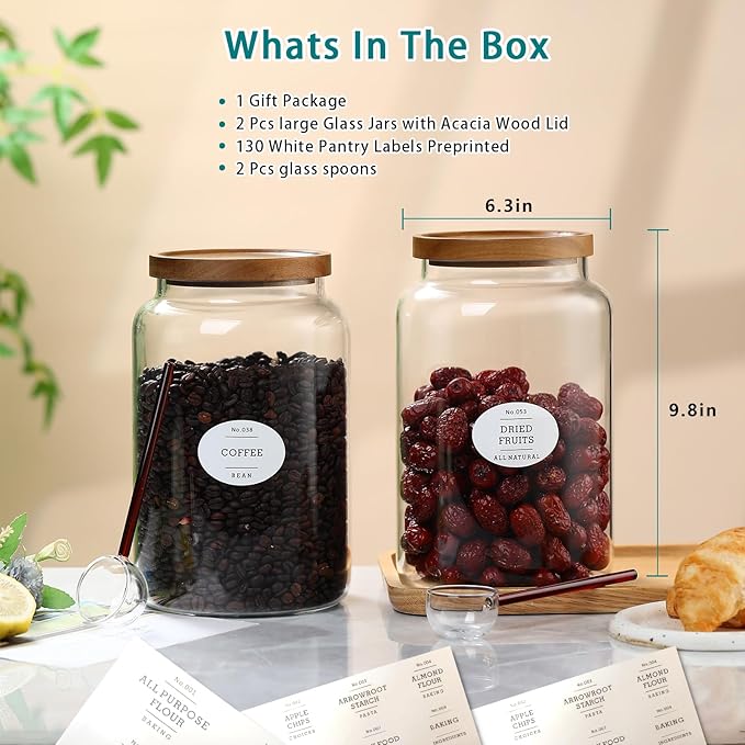 1 Gallon Glass Jars with Acacia Wood Lids and glass spoon, Sealable Waterproof, Borosilicate Large Tall Glass Sugar Flour Storage Container Jar Set for Coffee, Nut, Candy, Cereal - 2 Pack