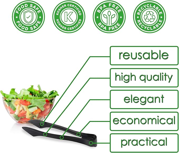 PARTY BARGAINS 8.5 Inches Plastic Serving Tongs, 6 Pack, Premium Quality & Heavy-Duty Black Plastic Tongs for BBQ, Salads, Grilling, Buffets, & Kitchen