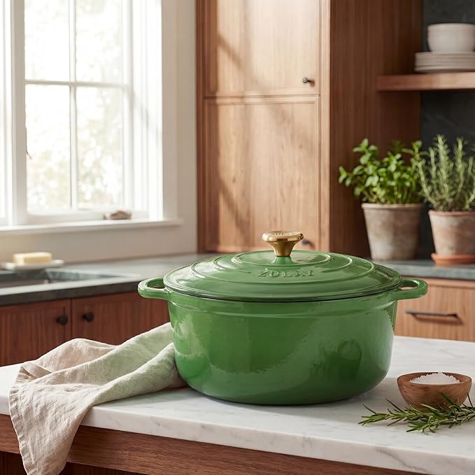 Zulay Kitchen 6 Quart Enameled Cast Iron Dutch Oven Pot with Lid – Premium Durability & Oven Safe up to 500°F – Heavy Duty Cookware Perfect for Bread Baking, Stews, Braising & Roasting - Green