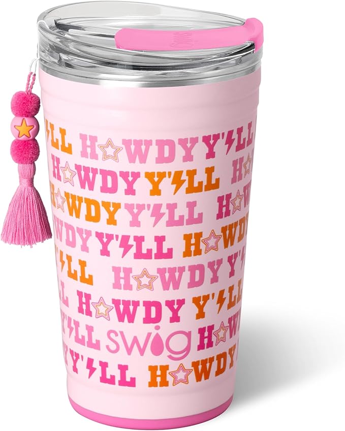 Swig Life 24oz Party Cup, Stackable Insulated Travel Coffee Tumbler with EZ Slider Lid, Cup Holder Friendly, Stainless Steel 24 oz Tumbler, Reusable Coffee Mug (Howdy Yall)