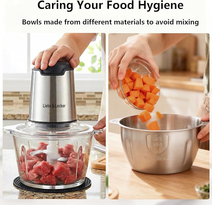 Liebe&Lecker Food Processor, Meat Grinder with 2 Bowls 8 Cup and 8 Cup, Food Chopper Electric Vegetable Chopper with 4 Large Sharp Blades for Fruits, Meat, Vegetables, Baby Food, Nuts, 2 Speed.
