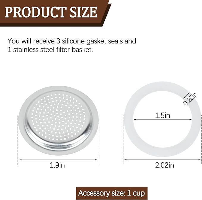 Silicone Sealing Ring Aluminum Replacement Filter 1 Cup For Stove Top Espresso Maker Replacement Filler Parts Set Includes 1 Filter and 3 Upgraded Silicone Fings
