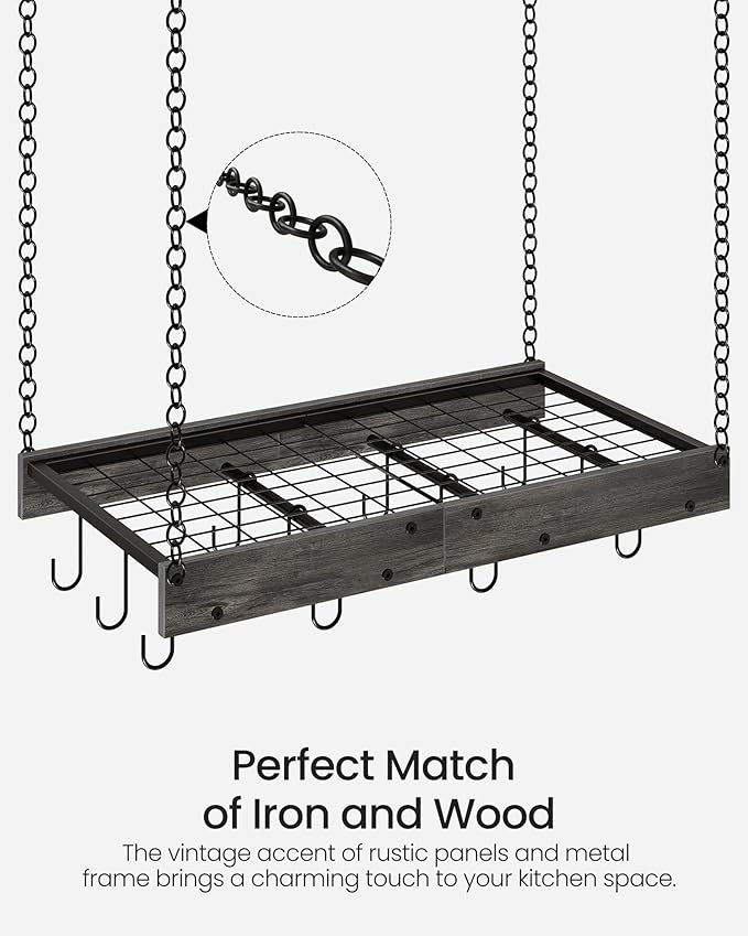 CHOEZON Hanging Pot Rack, Ceiling Mounted Pot Hanger, Vintage Pot Rack for Kitchen, Pot Storage Organizer, with 12 S-Shaped Hooks, for Cookware Storage, Space Saving, Charcoal Black and Black TPR01BC