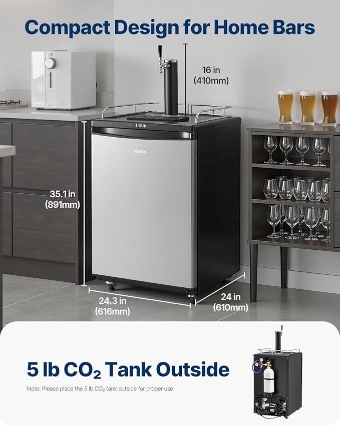 VEVOR Beer Kegerator, Single Tap Commercial Draft Beer Dispenser for D system, Full Size Keg Refrigerator with 5lbs CO2 Tank, Hold 2 Sixth / 3 Ball lock keg, Silver