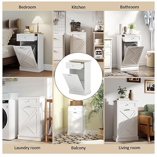 Tilt Out Trash Cabinet-Free Standing Kitchen Waste Bin-Wooden Recycling Trash Cabinet with Drawer-White