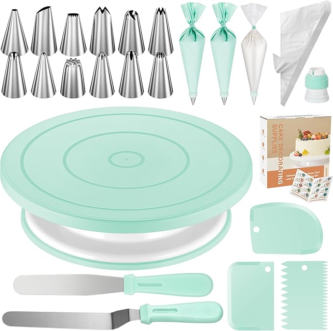 Kootek 71PCs Cake Decorating Kit, Baking Supplies Tools - Includes Cake Stand Turntable, 12 Icing Piping Tips Set, 2 Frosting Spatulas, 3 Scrapers, 50+2 Piping Bags, Coupler, Video Tutorial, Booklet