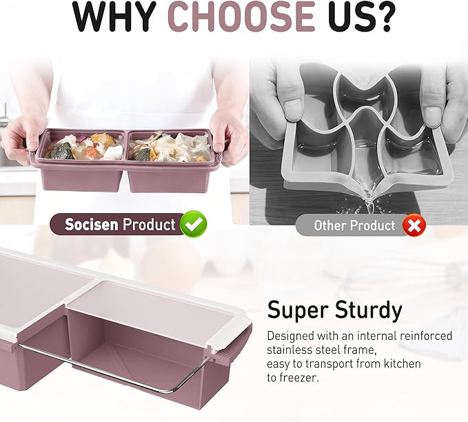 Silicone Freezer Tray with Lid Soup Freezer Container Molds with Steel Reinforced Rim Large Ice Cube Tray Makes 4 Perfect 2 Cup Portions Cubes Storage Food Meal Prep Containers Cookware 2 Pack