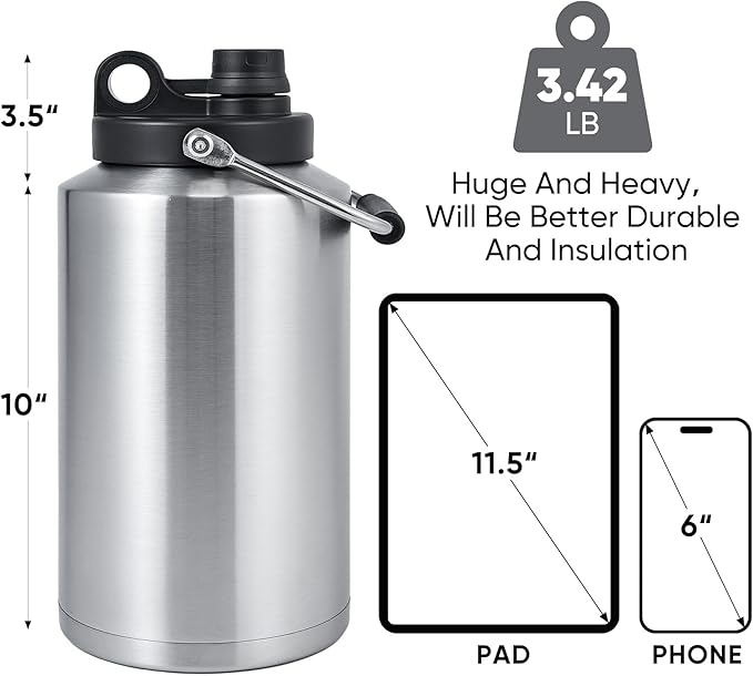 Insulated Gallon Jug with Handle, One Gallon, 128oz Stainless Steel, Large Double Vacuum Water Bottle for Cold Drinks, Wide Mouth, Sweat Proof, Carrier bag, Great for Travel, Camping, Stainless