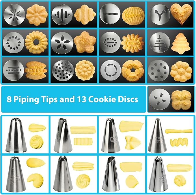 Stainless Steel Cookies Press,Cookie Press Gun Kit with 13 Cookie Discs and 8 Piping Tips for DIY Various Cookies Maker