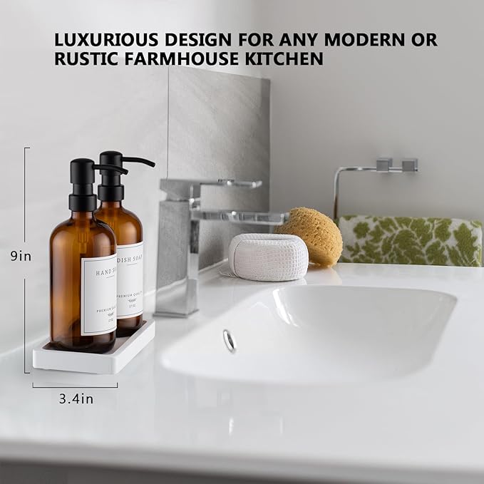 Thick Glass Soap Dispenser - Kitchen Dish Hand Soap Dispenser Set, Rustproof Pump Soap Lotion Dispenser Bathroom with Tray,14 Stickers for Kitchen Decor Amber Bottle/Black Pump