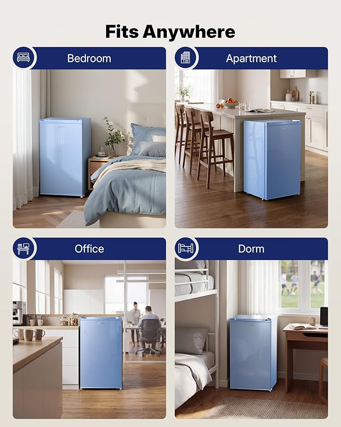 Upstreman 3.2 Cu.Ft Mini Fridge with Freezer, Single Door Mini Fridge, Dorm Fridge, Adjustable Thermostat, Mini Refrigerator for Bedroom, Office, Dorm, Blue-BR321