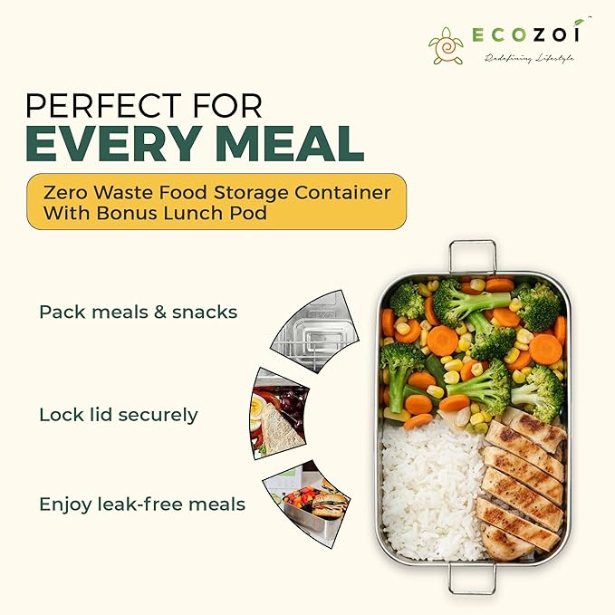 ecozoi Leak Proof Stainless Steel Lunch Box, 3-in-1 Eco Bento Box | Redesigned Silicone Seal + Bonus Lunch Pod | Sustainable Tiffin Eco Friendly Metal Bento Box Food Storage Containers