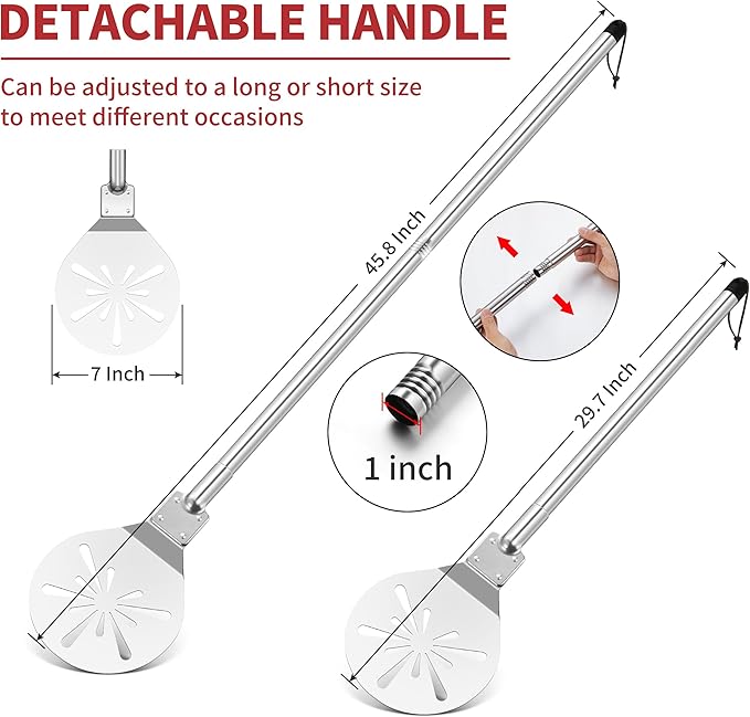 Stainless Steel Pizza Turning Peel 7-Inch, HaSteeL Round Pizza Turner Paddle, Perfortaed Pizza Spinner Spatula with Long Detachable Handle, Dishwasher & Oven Safe