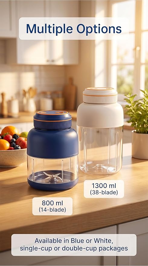 Portable Wireless Juicer Cup - 44 oz Cordless Blender with 38-Blade 18000 RPM High-Speed Motor, USB-C Rechargeable Personal Smoothie Maker for Gym, Travel, and Outdoors (Double Cup-White,44oz)